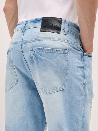 Light Blue with Light Fade Distressed Mid-Rise Relaxed Fit Jeans