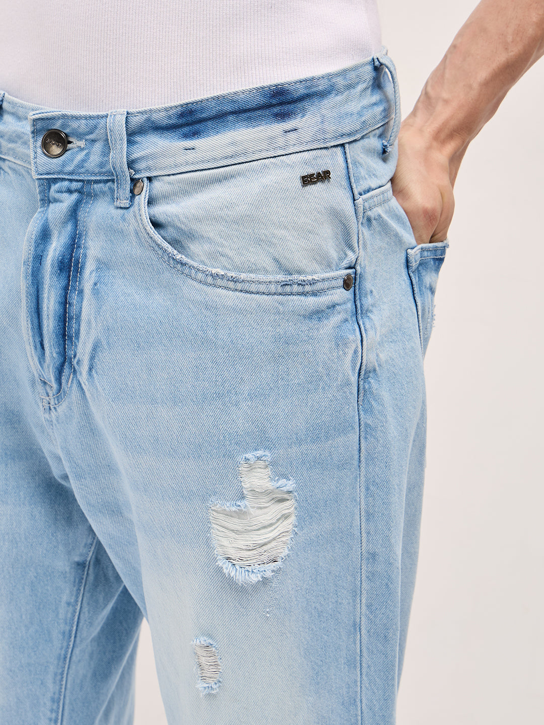 Light Blue with Light Fade Distressed Mid-Rise Relaxed Fit Jeans