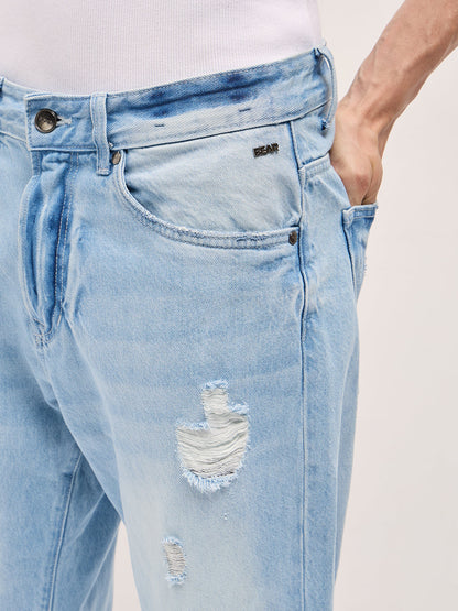Light Blue with Light Fade Distressed Mid-Rise Relaxed Fit Jeans