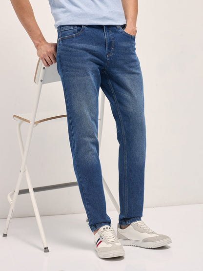 Mid Blue Mid-Rise Slim Fit Jeans with Mid Fade