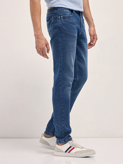 Mid Blue Mid-Rise Slim Fit Jeans with Mid Fade