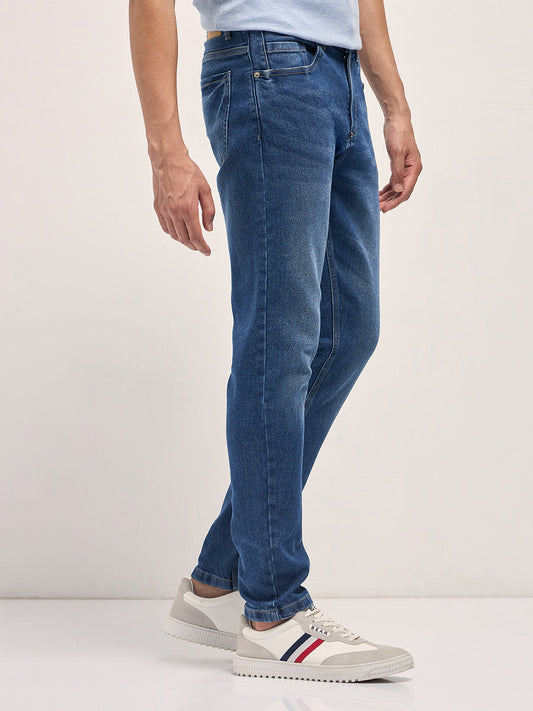 Mid Blue Mid-Rise Slim Fit Jeans with Mid Fade