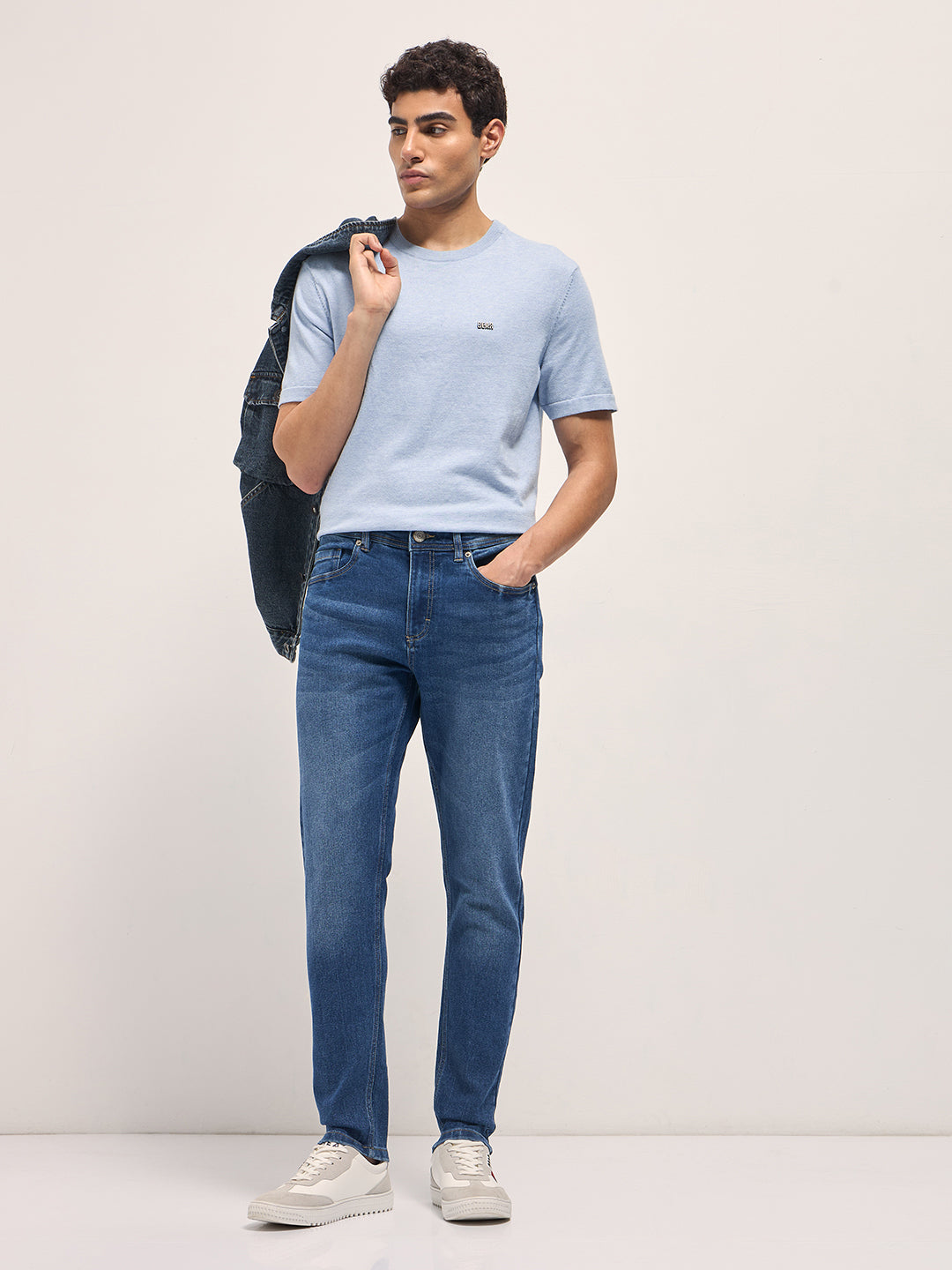 Mid Blue Mid-Rise Slim Fit Jeans with Mid Fade