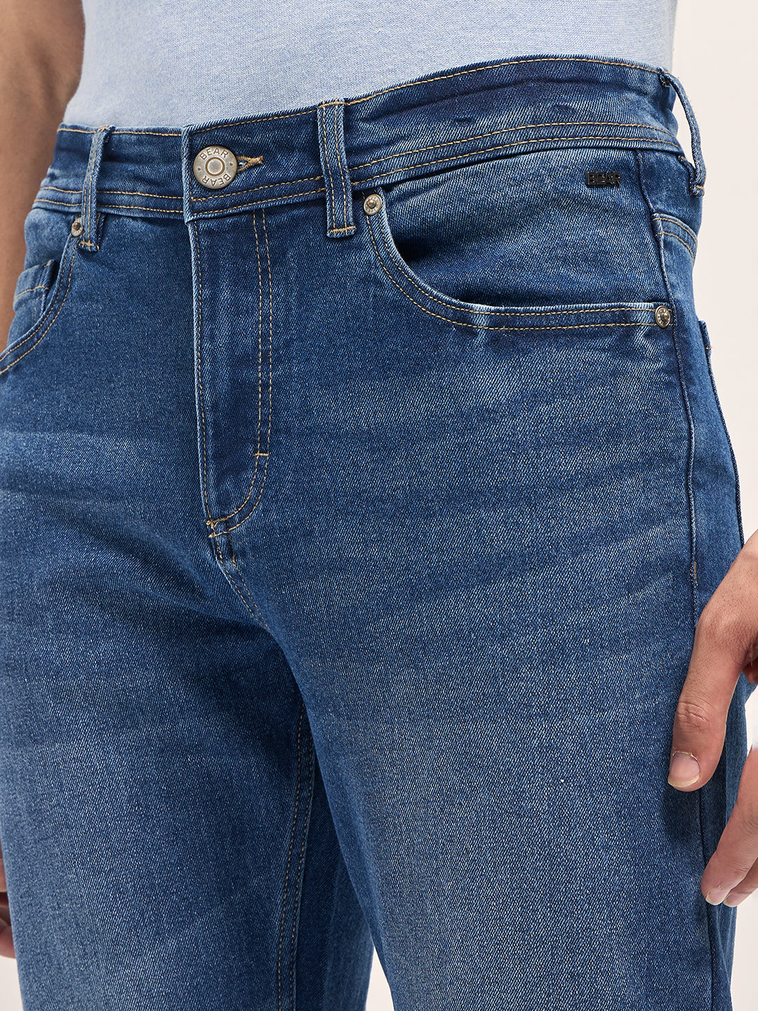 Mid Blue Mid-Rise Slim Fit Jeans with Mid Fade