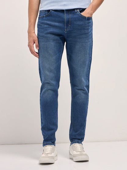 Mid Blue Mid-Rise Slim Fit Jeans with Mid Fade