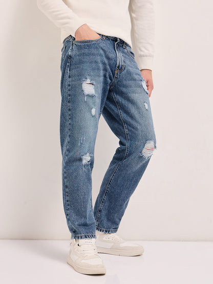 Light Blue with Light Fade Distressed Mid-Rise Relaxed Fit Jeans