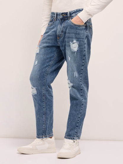 Light Blue with Light Fade Distressed Mid-Rise Relaxed Fit Jeans
