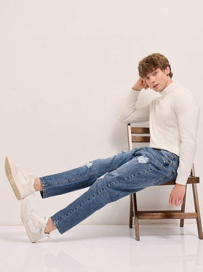 Light Blue with Light Fade Distressed Mid-Rise Relaxed Fit Jeans