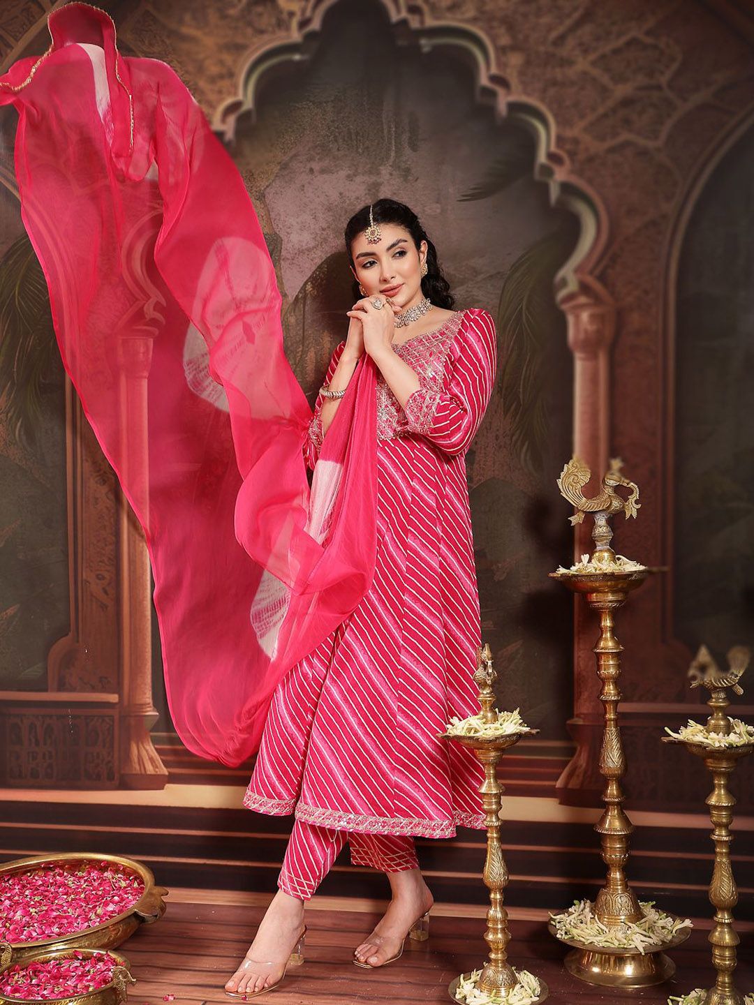 Leheriya Printed Empire Sequinned Pure Cotton Anarkali Kurta With Trouser & Dupatta