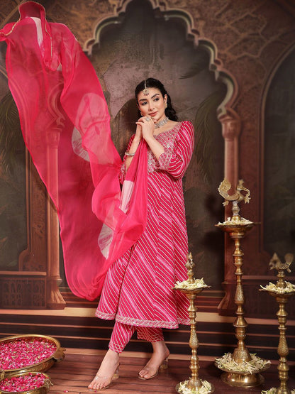 Leheriya Printed Empire Sequinned Pure Cotton Anarkali Kurta With Trouser & Dupatta