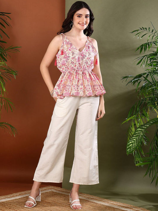Floral Printed V-Neck Sleeveless Pure Cotton Top With Trouser