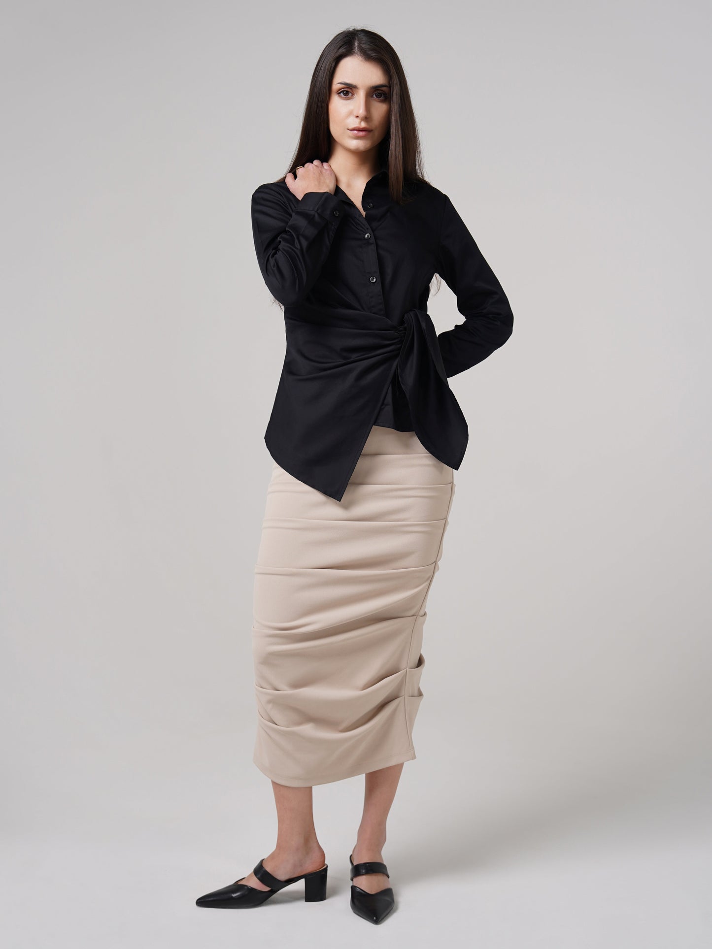 Satin Tie Up Top Black - Slim Fit