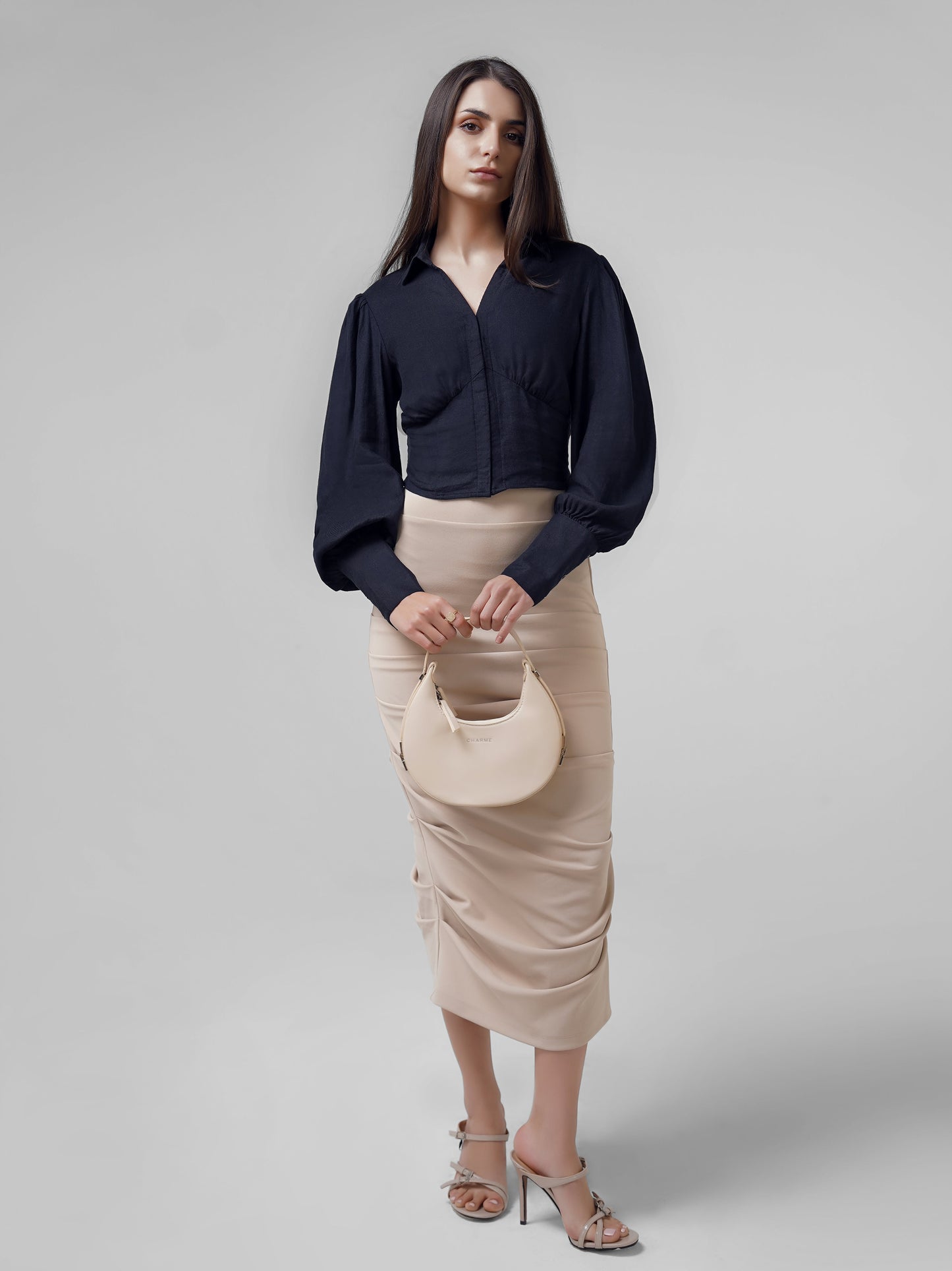 Linen Crop Top with Smocking Navy