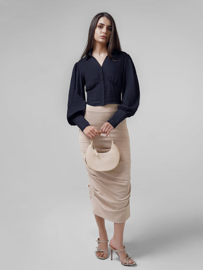 Linen Crop Top with Smocking Navy