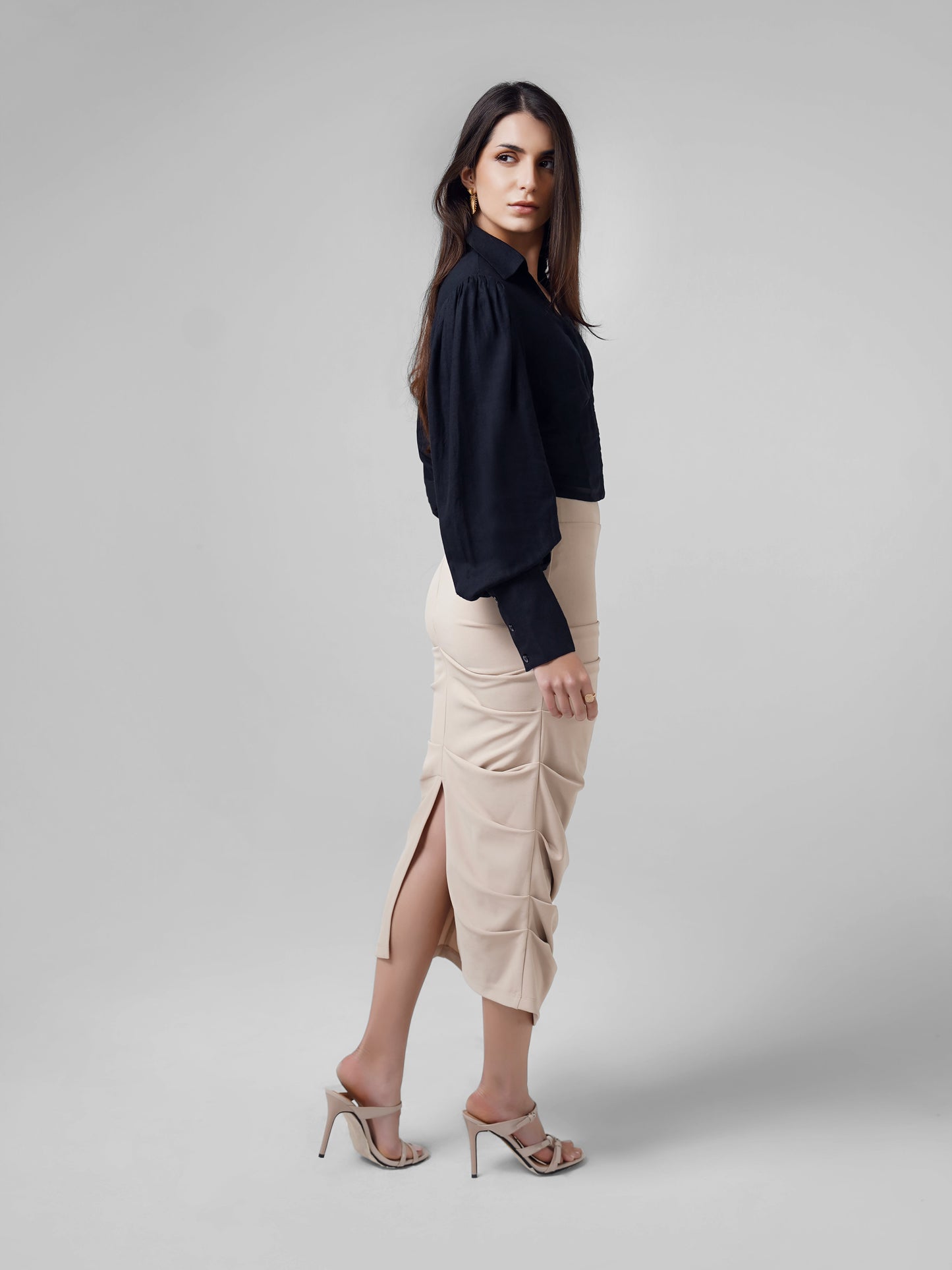 Linen Crop Top with Smocking Navy