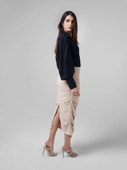 Linen Crop Top with Smocking Navy