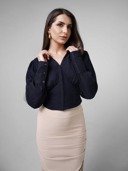 Linen Crop Top with Smocking Navy