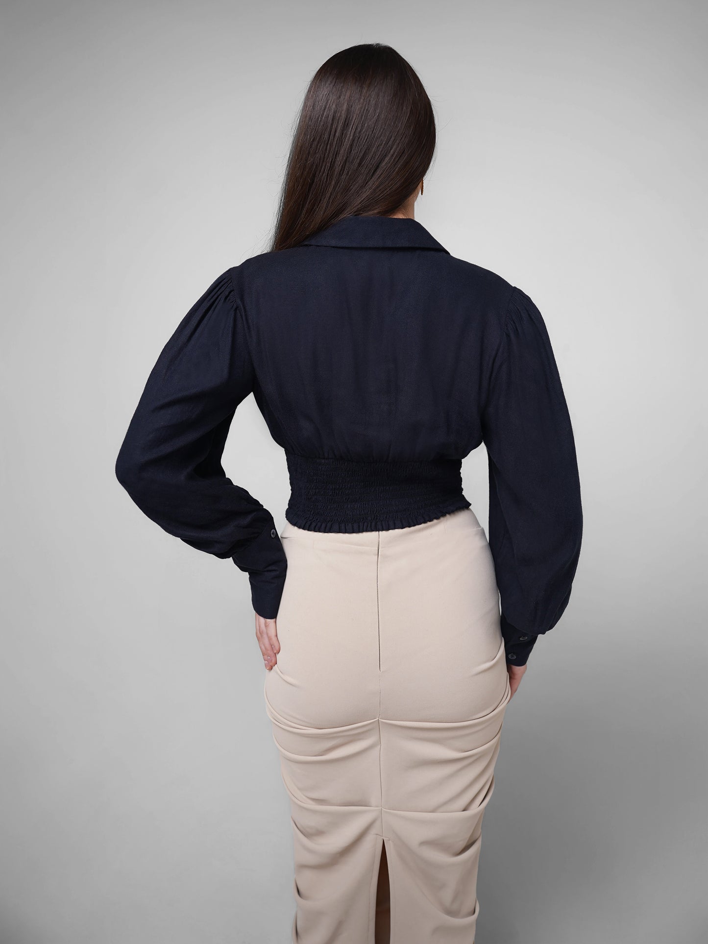 Linen Crop Top with Smocking Navy