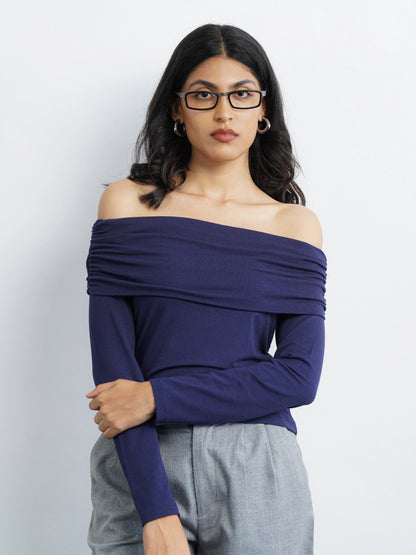 Off-Shoulder Knit Top - Navy