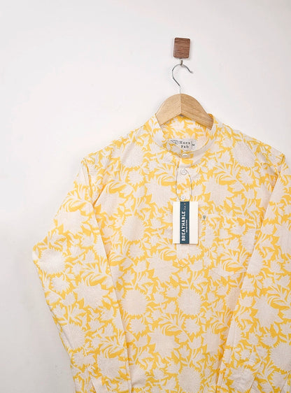 Yellow White Floral Short Kurta
