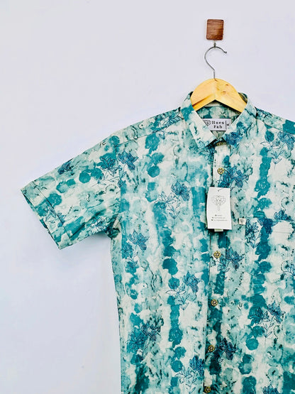 Cyan Floral Half-Sleeves Shirt