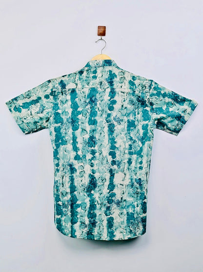 Cyan Floral Half-Sleeves Shirt
