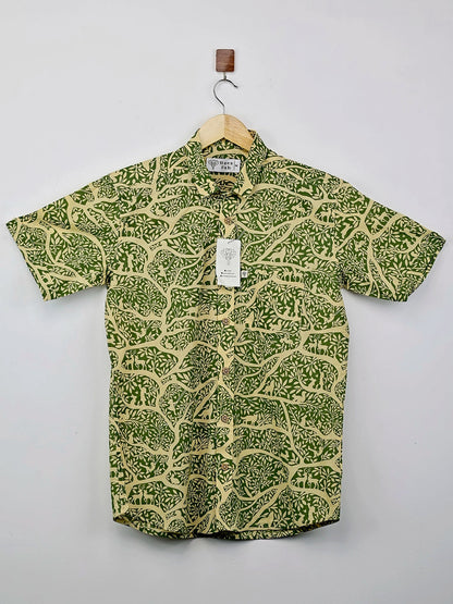 Cream Green Jungle Printed Half Sleeves Shirt