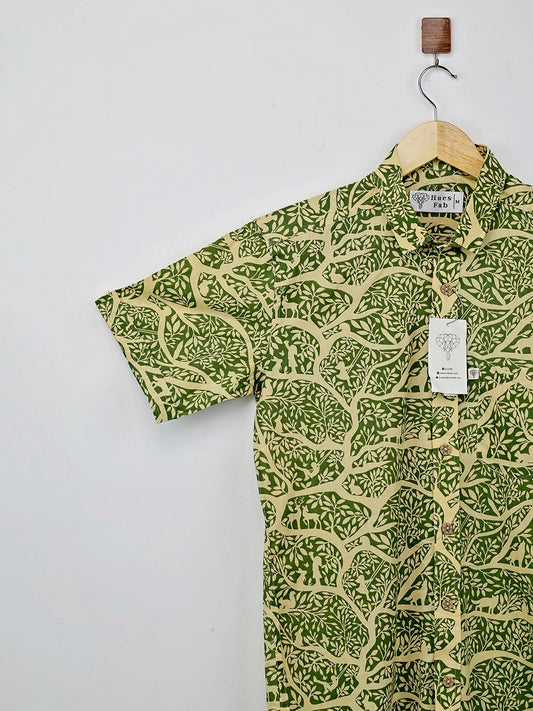 Cream Green Jungle Printed Half Sleeves Shirt