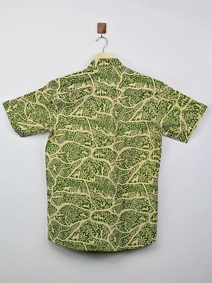 Cream Green Jungle Printed Half Sleeves Shirt