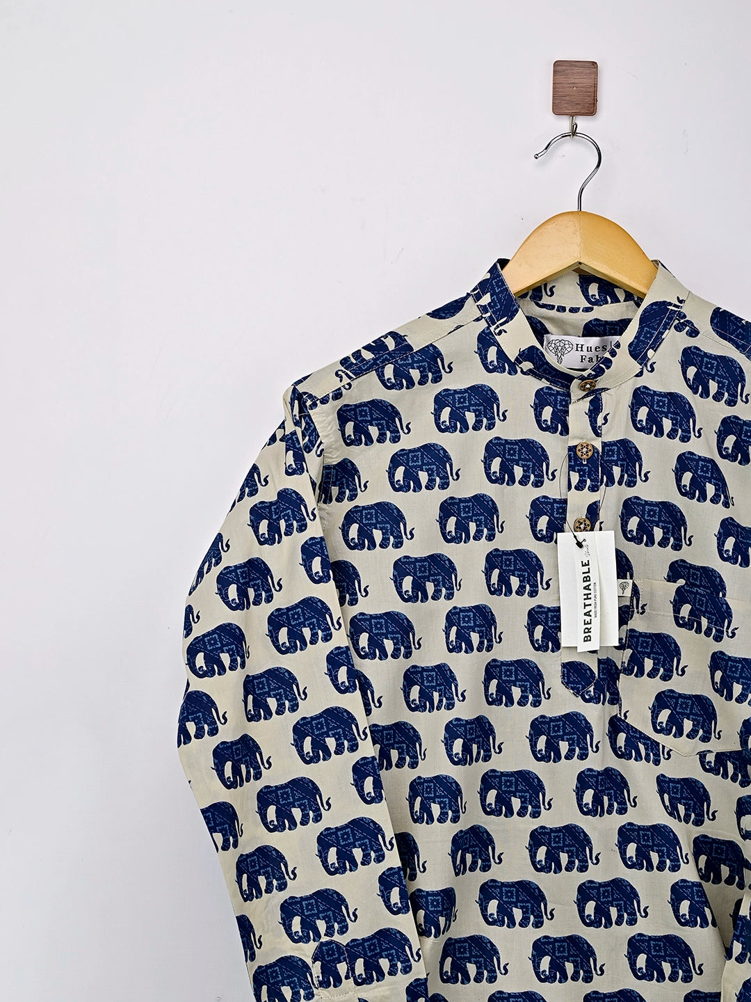 Cream Blue Elephant Printed Short Kurta
