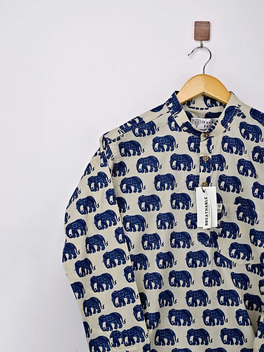Cream Blue Elephant Printed Short Kurta