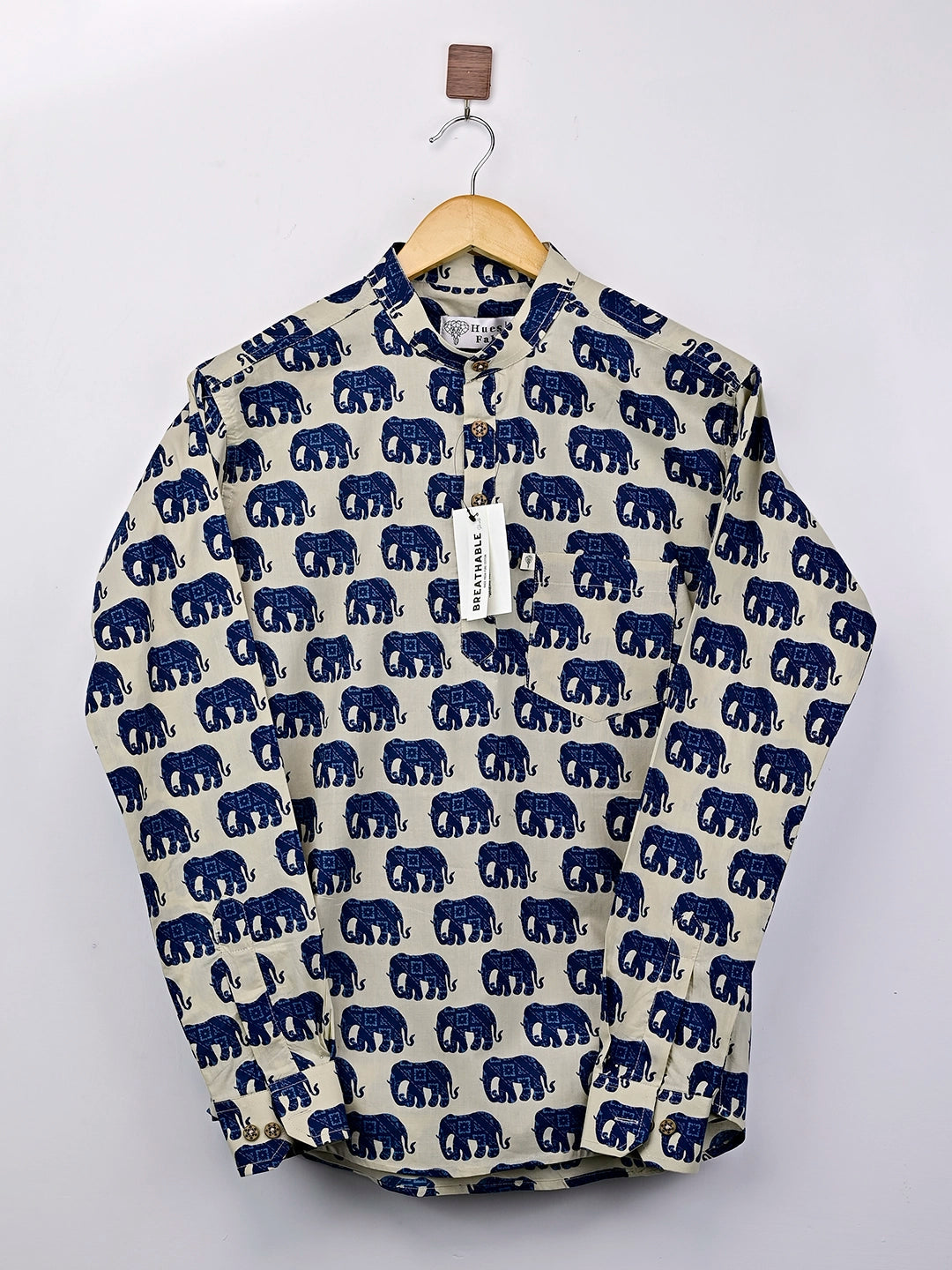 Cream Blue Elephant Printed Short Kurta
