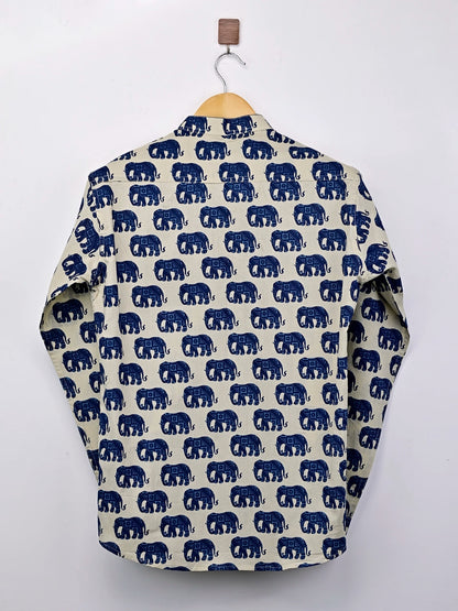 Cream Blue Elephant Printed Short Kurta