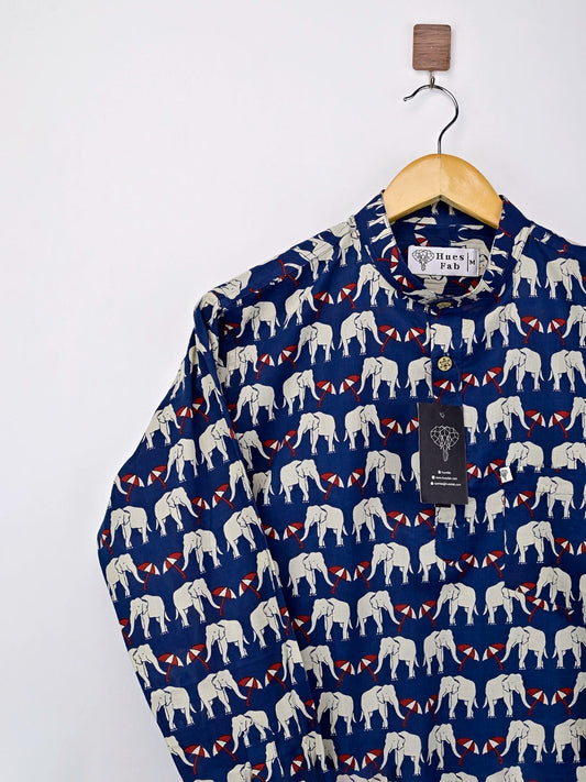 Navy Blue Elephant Umbrella Printed Short Kurta