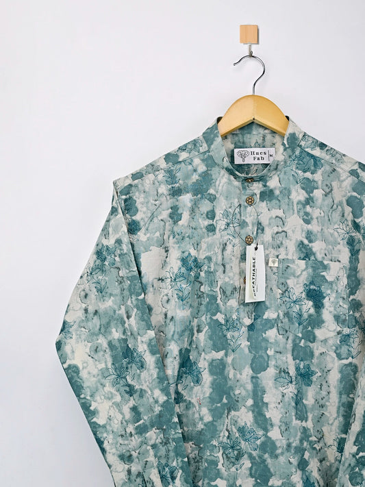 Cyan Flower Printed Short Kurta