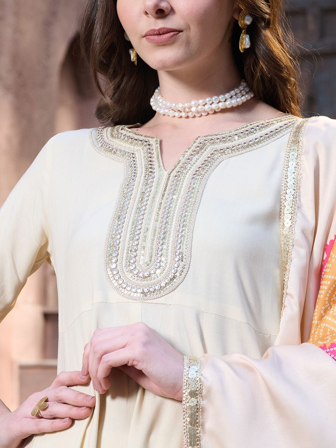 Women Embroidered Empire Mirror Work Kurta with Trousers & With Dupatta