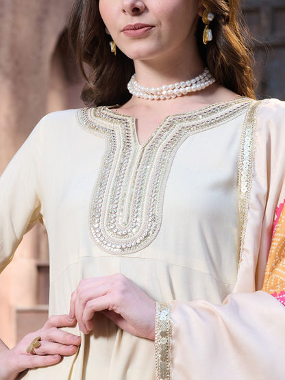 Women Embroidered Empire Mirror Work Kurta with Trousers & With Dupatta