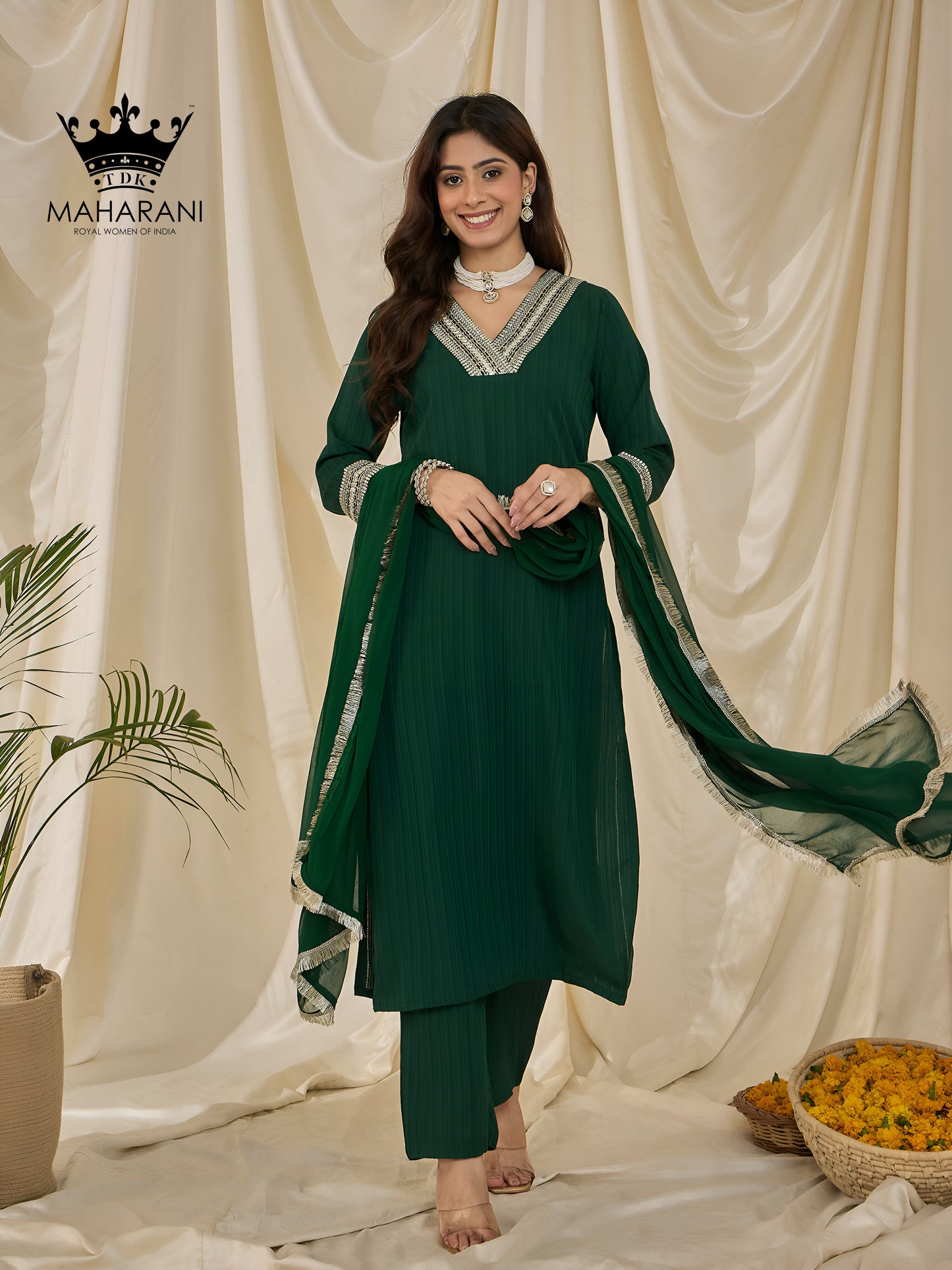 Green Embroidered Salwar Set With Kiran Dupatta