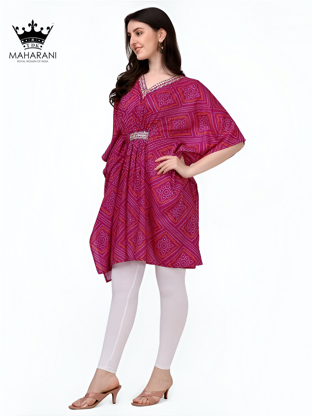 Pink Embroidered Bandhani Style Short Kaftan