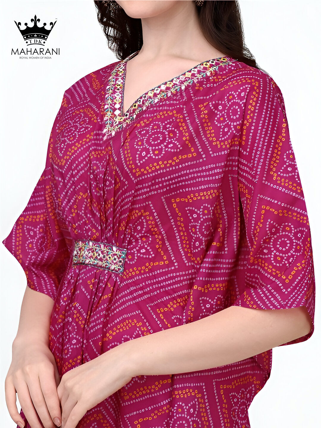 Pink Embroidered Bandhani Style Short Kaftan