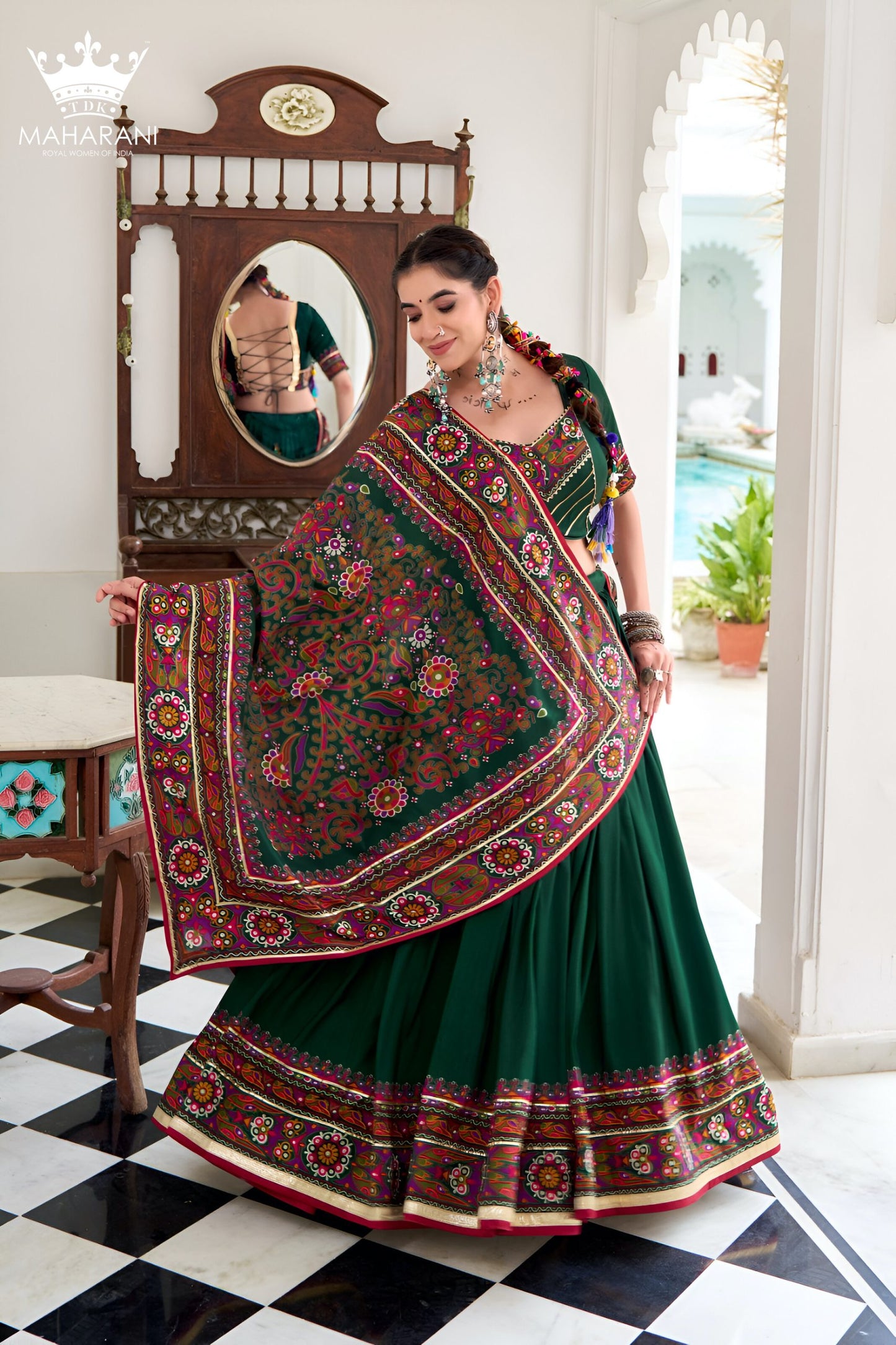 Green Printed With Gotta Patti Work Silk Lehenga