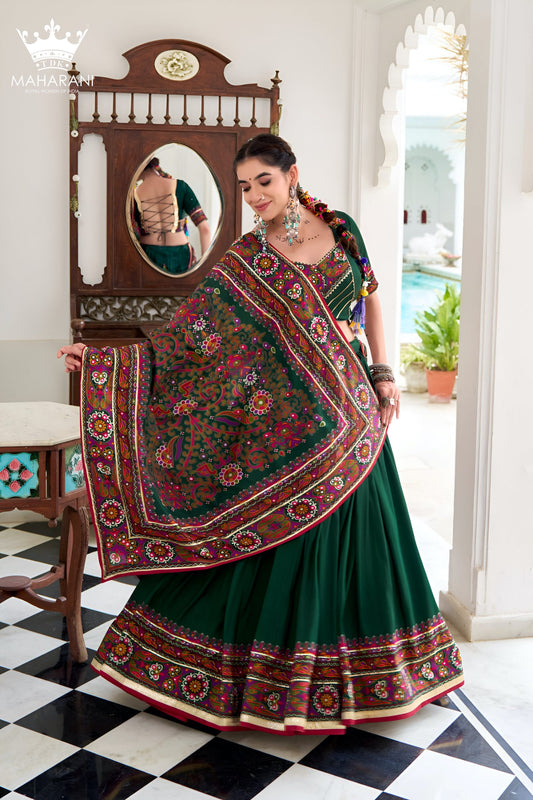 Green Printed With Gotta Patti Work Silk Lehenga