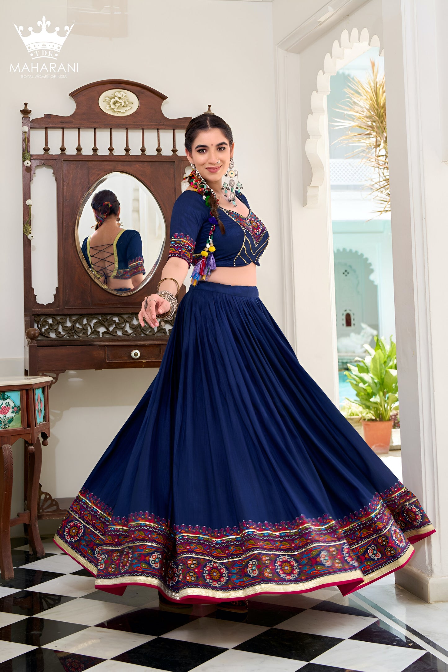 Blue Printed With Gotta Patti Work Silk Lehenga