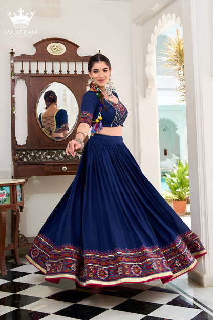Blue Printed With Gotta Patti Work Silk Lehenga