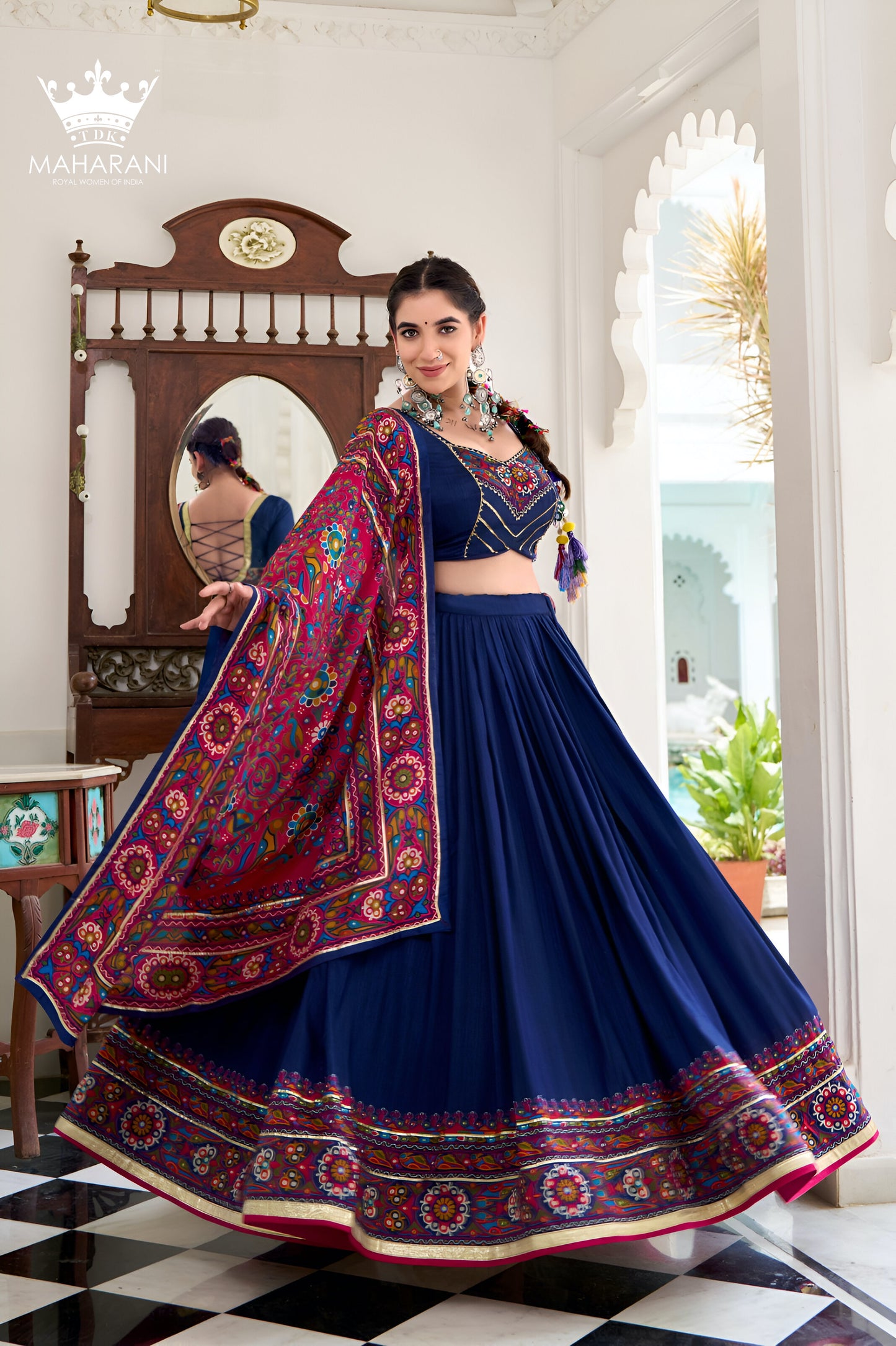 Blue Printed With Gotta Patti Work Silk Lehenga