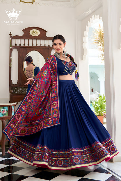 Blue Printed With Gotta Patti Work Silk Lehenga