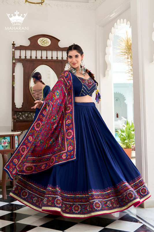 Blue Printed With Gotta Patti Work Silk Lehenga