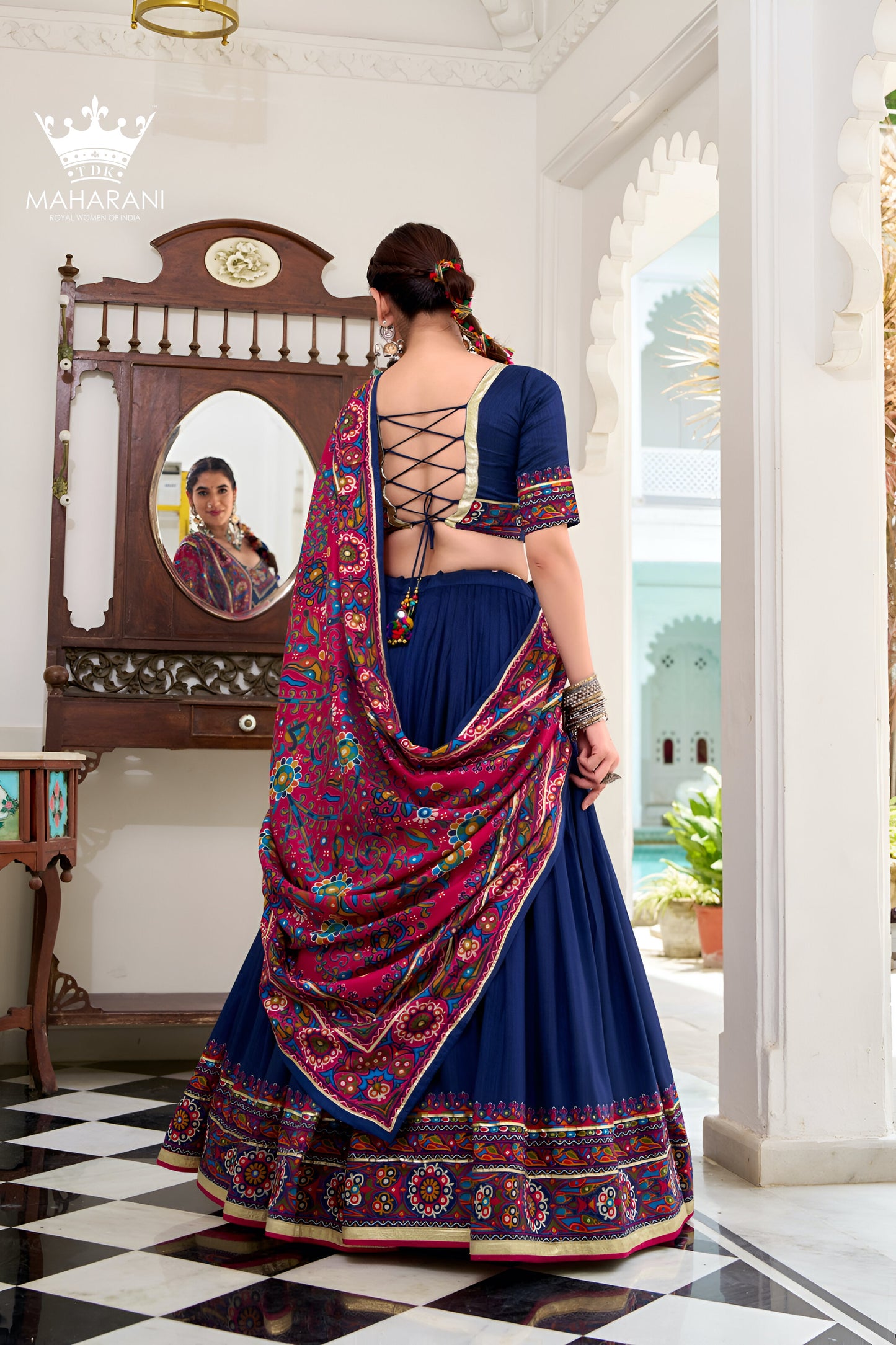 Blue Printed With Gotta Patti Work Silk Lehenga