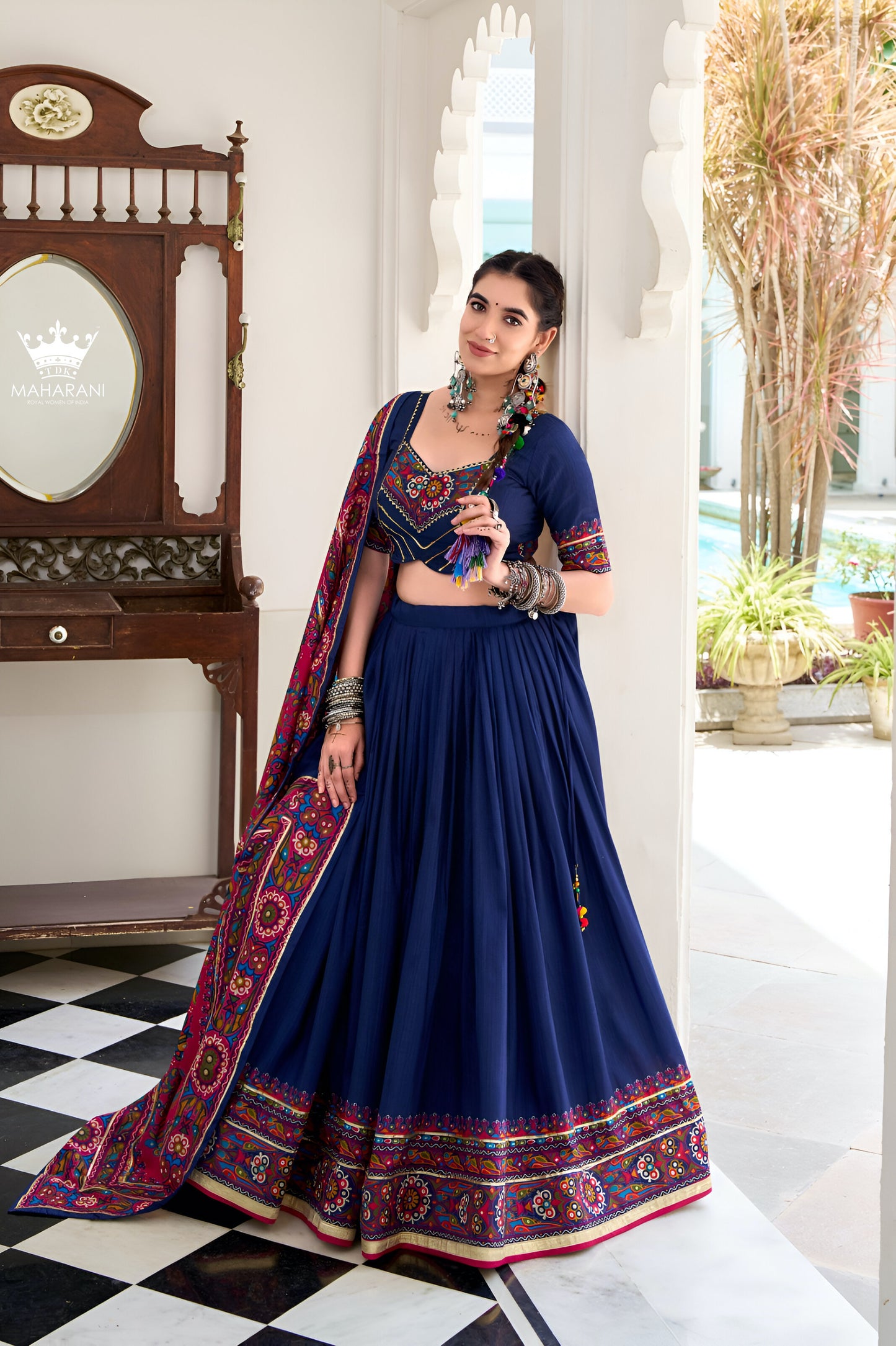 Blue Printed With Gotta Patti Work Silk Lehenga