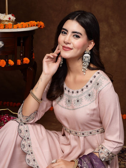 Rose Gold & Purple Ethnic Motifs Embroidered Anarkali Kurta & Sharara With Dupatta